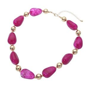 Boho Fuchsia (pink)  Polished Beaded Necklace w/Gold Accents
Resin